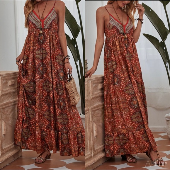 Bohemian Boho Gypsy Ruffle Cami Maxi Dress RED - Picture 2 of 16